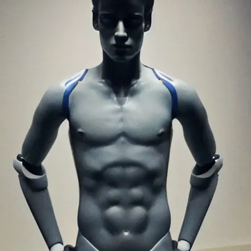 Image similar to “ a realistic detailed photo of a guy who is an attractive humanoid who is half robot and half humanoid, who is a male android, soccer player antoine griezmann, shiny skin, posing like a statue, blank stare, at the museum, on display ”