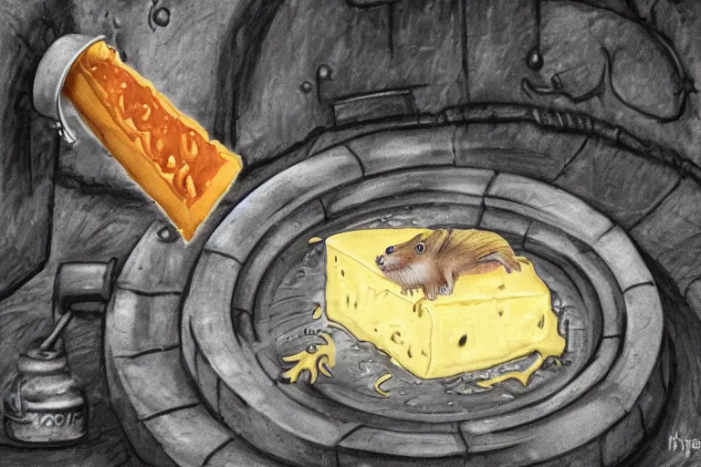 Image similar to a giant creepy rat eating cheese in a sewer, photo - realistic, hyper realism,