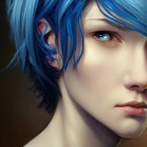 Prompt: teen, man, blue hair short hair, elegant, tired, intricate, artstation, digital painting, highly detailed, sharp focus, by artgerm and greg rutkowski and alphonse mucha