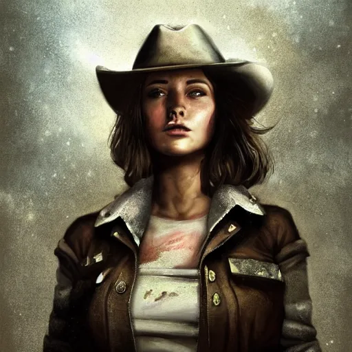 Image similar to fallout 5, charismatic beautiful, rugged, brunette female protagonist wearing a cowboy - hat, portrait, outdoors ruined cityscape, atmospheric lighting, painted, intricate, volumetric lighting, beautiful, daytime, harsh winter weather, sharp focus, cold, deep colours, ultra detailed, by leesha hannigan, ross tran, thierry doizon, kai carpenter, ignacio fernandez rios