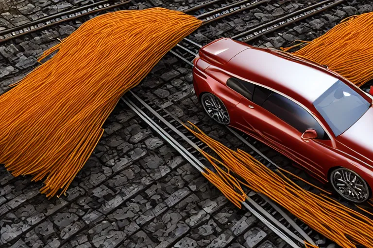 Prompt: HD luxury render of a car made of spaghetti on train tracks, product photo, rendered in unreal engine 6, clean luxury sports car, spaghetti car, car made of pasta, spaghetti, 4k