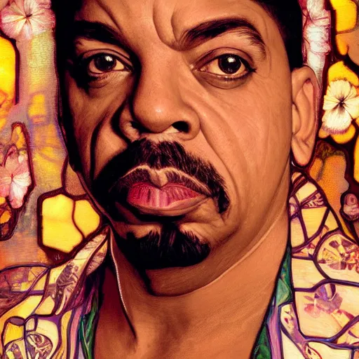 Prompt: ice - t portrait, shot with ice cubes, by alfons mucha, golden hour, realistic, body shot, sharp focus, 8 k high definition, insanely detailed, intricate, elegant, cherry blossoms