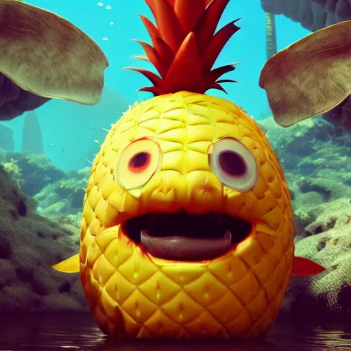 Prompt: a single delicious pineapple with two big eyes and a big toothy grin and elephant ears floating underwater, digital art, concept art, trending on DeviantArt, trending on Artstation, high quality, 8K HDR, octane render, unreal engine 5, path tracing, dramatic lighting, cinematic, highly detailed, medium shot