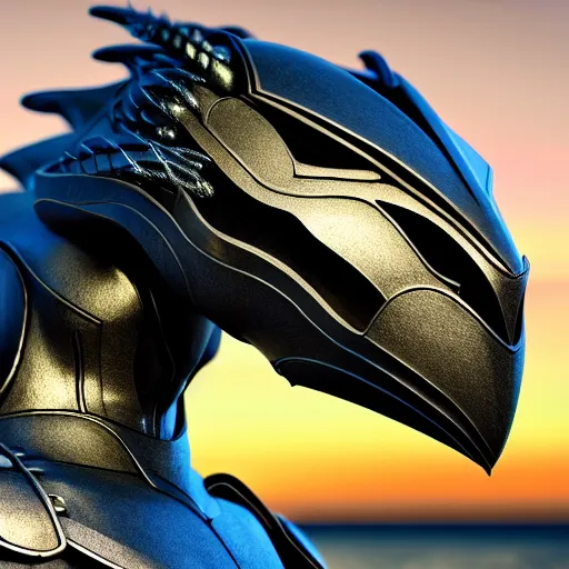 Image similar to epic beautiful bust shot, realistic detailed stunning armored anthropomorphic robot female dragon, doing an elegant pose, looking to the side, sleek streamlined armor and design, sharp claws, Slick LEDs, standing on two legs, on the beach during sunset, high quality, cinematic art, sunset lighting, artstation, deviantart, furaffinity