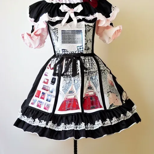 Image similar to A themed lolita dress ; the fabric has pictures of solar panels and windmills on it. A beautiful lolita dress, Angelic Pretty