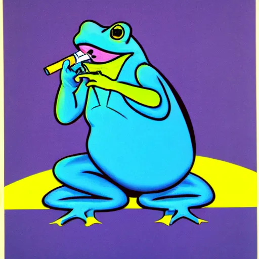 Image similar to A 1980s informational poster from a convention center displaying a cool toad smoking a cigarette. highly detailed, sharp focus, HQ, post grunge, subtle colors.