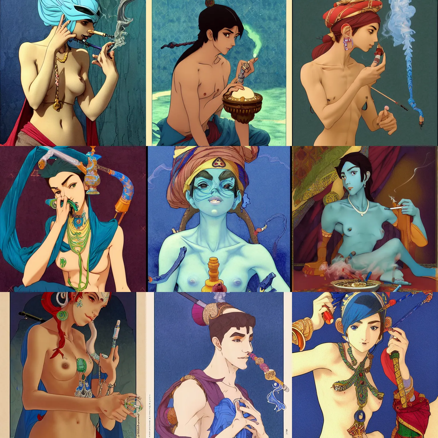 Prompt: djinn smoking a hookah, blue skin, bedlah attire, fantasy, finely illustrated face, highly detailed, colored pencil, studio ghibli, tankobon, in the style of ilya kuvshinov and krenz cushart and william - adolphe bouguereau and alphonse mucha