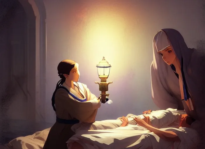 Image similar to 1 8 5 4 crimea, florence nightingale holding lamp, army hospital in scutari at night, wounded patients in beds on both sides of hospital ward, dirty floor, grimy walls, finely detailed perfect art, painted by greg rutkowski makoto shinkai takashi takeuchi studio ghibli