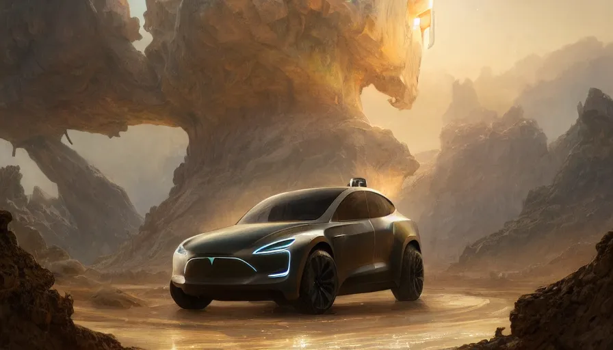 Image similar to a militarised electric suv designed by tesla driving through socotra island, artgerm and greg rutkowski and alphonse mucha, an epic fantasy, volumetric light, detailed, establishing shot, an epic fantasy, trending on art station, octane render, midsommar