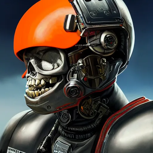 Image similar to a portrait of an cyborg skull fighter pilot wearing a helmet, vampire teeth, in an orange racing helmet by sandra chevrier, detailed render, epic composition, cybernetics, 4 k realistic, cryengine, realistic shaded lighting, sharp focus, masterpiece, by matteo scalera, gary montalbano, peter elson in the style of the tokyo ghost comic