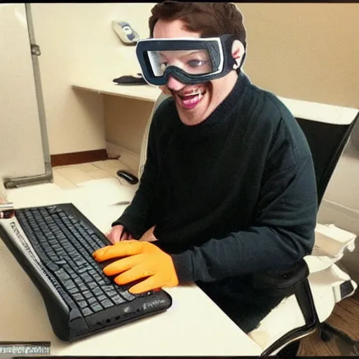 Prompt: Thief laughs maniacally while typing at a computer, wearing thief outfit, wearing goggles, photo manipulated