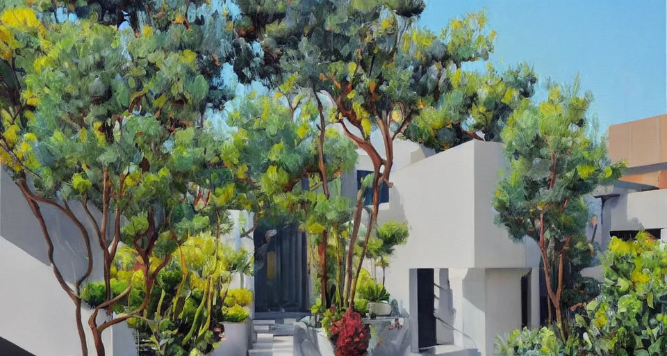 Image similar to an extremely expensive modern home in a very rich neighborhood in San Francisco, beautiful garden out front, modernist design, beautiful painting, oil on canvas, by Ewa Czarniecka, award winning masterpiece,