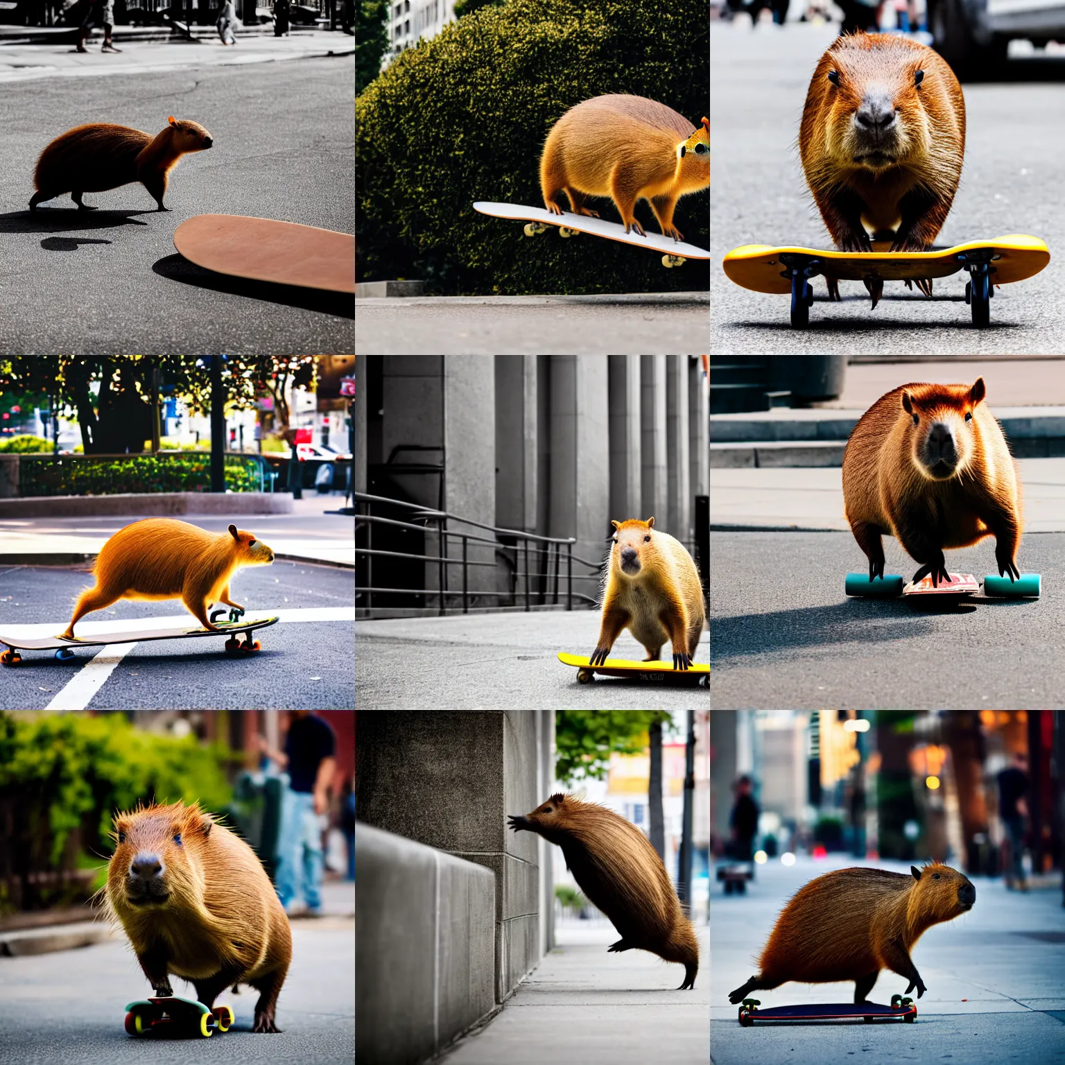 Prompt: A capybara doing a kickflip on a skateboard on a sidewalk in a city, Sigma 85mm f/1.4