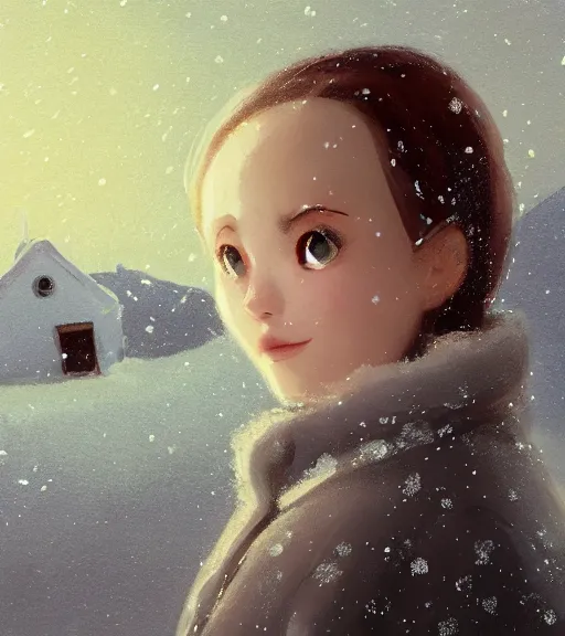 Prompt: face portrait of a beautiful girl in a open coat, with decollete and bra, close portrait, snow - covered small house in a background, night, stars in the sky, the milky way in the sky, winter landscape, painting by craig mullins, octane rendering, wide angle lens, in the style of hayao miyazaki, trending on artstation,