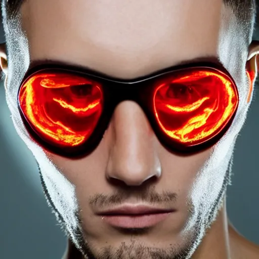 Image similar to a male model with glowing inferno eyes, frontal view, cool looking