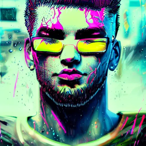 Prompt: splashes of neon clouds, mowhawk, punk portrait made out of paint with rain in the background, trending on artstation, epic composition, emotional, beautiful, rendered in octane, highly detailed, realistic, comic book art, sharp focus, matte painting, unreal engine