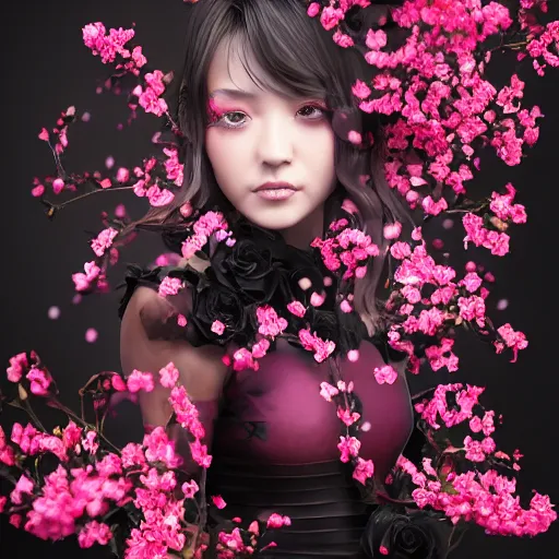 Image similar to beautiful girl in a dress made of black roses and cherry blossoms, beautiful portrait, symmetrical, character concept style trending on artstation concept art detailed octane render cinematic photo - realistic 8 k high detailed