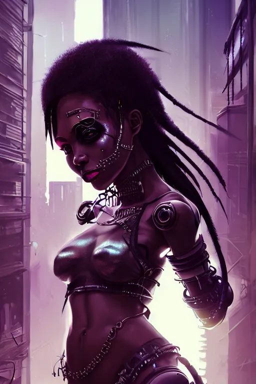 Prompt: soft lustrous ebony goddess biotech raver gutter punk gothic cyborg, cyberpunk city, urban decay, decay, underworld, dark art, highly detailed, digital painting, octane render, artstation, concept art, smooth, sharp focus, illustration, art by artgerm, loish, wlop