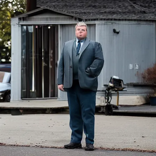 Prompt: the chubby white man stood patiently on the trailer lot, his legs spread apart, wearing an olive green overcoat, dark gray chalk stripe three-piece suit, a blue dress shirt with white cuffs and collars, a midnight blue necktie, and a pair of worn-in wheat Timberland Boots