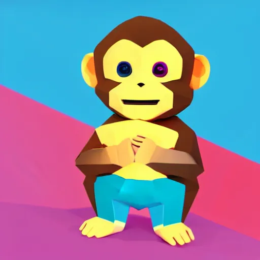 Prompt: A brightly coloured, cute isometric low polygon 3d render of a [monkey hiding his eyes with his hands 🙈], white background, ambient occlusion, chibi, angular