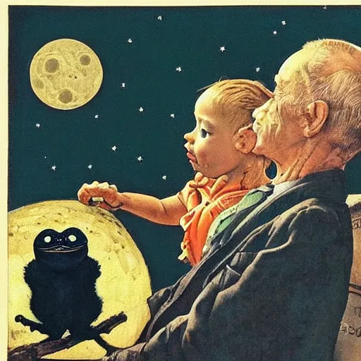 Image similar to pepe the frog gazing at the moon by norman rockwell