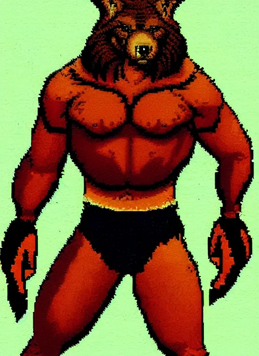 Prompt: extreme long shot. antropomorphic muscular masculine furr wolf. kickboxer, in shorts. wolf head. furr on body. 8 bit nes graphics. 8 0's