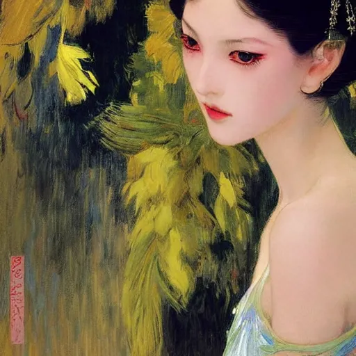 Image similar to beautiful photography, fashionable ceremonial dancer, focus close on dreaming eyes, soft skin, seventies giallo film by ilya kuvshinov monet range murata artgerm katsuhiro otomo norman rockwell, highly detailed intricately sharp focus, bedroom eyes trending on pinterest vogue italia 3 5 mm, 4 k uhd image