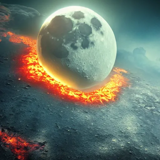 Prompt: moon crash into earth, armageddon, ruined city, realistic, burning sky, volcanic eruption, epic scale, dramatic lighting, 8k, post processing, trending on artstation, environment highly detailed