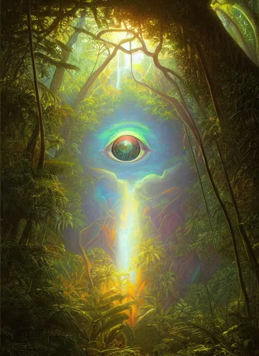 Prompt: a painting of a giant psychedelic eye in a jungle, god rays, beautiful colors, surrealism, visionary art, fractals, matte painting, by christophe vacher