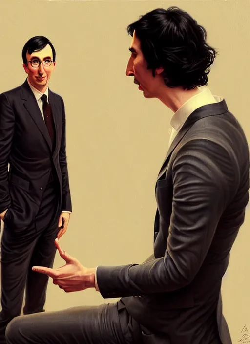 Image similar to painting of both john oliver and adam driver together, john oliver in front, full body, elegant, beautiful, highly detailed, centered, dark, smokey, digital painting, concept art, smooth, sharp focus, illustration, deviant art, art by artgerm, art by greg rutkowski, art by alphonse mucha