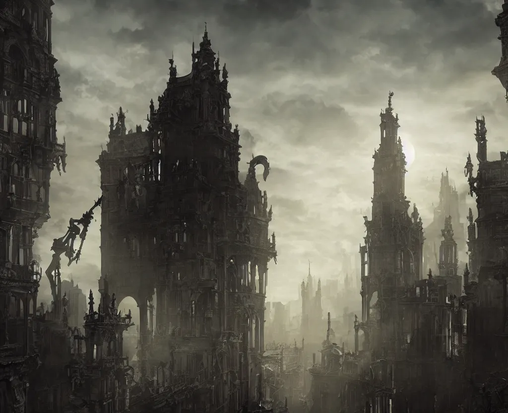 Image similar to silhouette of a skeleton above a victorian city, epic painting, dark fantasy, octane render, extremely detailed