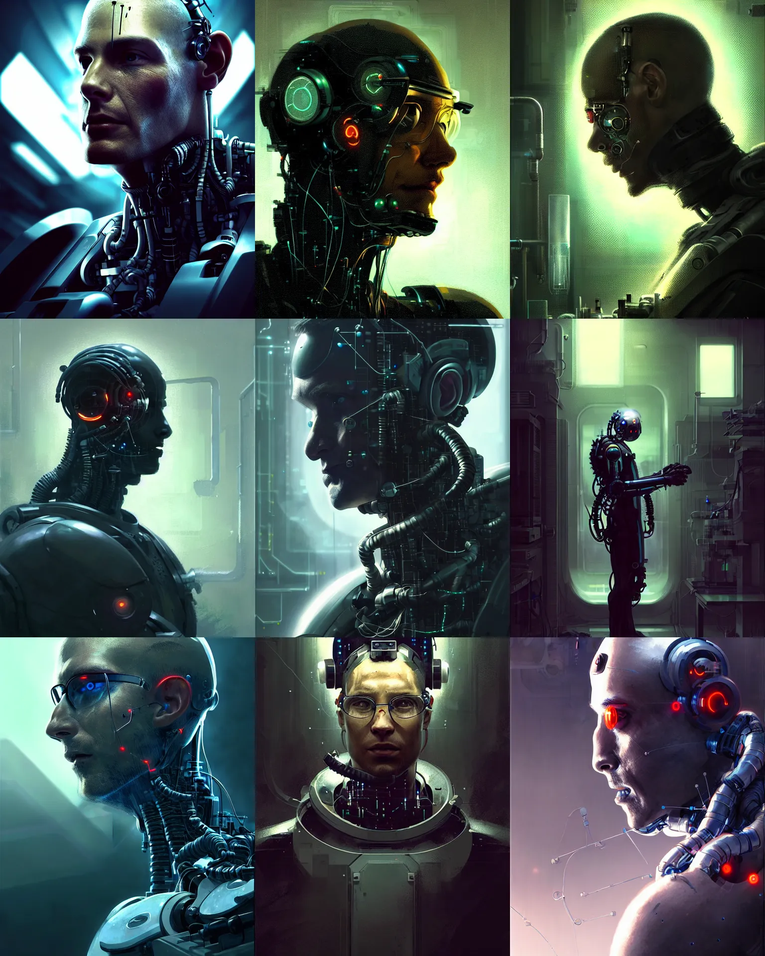 Image similar to a laboratory technician man with cybernetic enhancements seen from a distance, scifi character portrait by greg rutkowski, craig mullins, 1 / 4 headshot, cinematic lighting, dystopian scifi outfit, profile picture, mechanical, cyborg, half robot