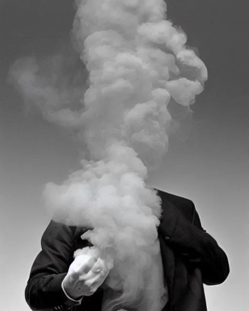 Prompt: a man who's head is turning into a puff of smoke, annie liebowitz, black and white