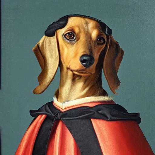 Image similar to a renaissance style portrait painting of a dachshund, wearing a crown and cape, dark background