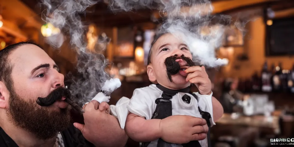 Image similar to Weird baby with a beard and mustache smoking a big cigar in a bar, (EOS 5DS R, ISO100, f/8, 1/125, 84mm, postprocessed, crisp face, facial features)