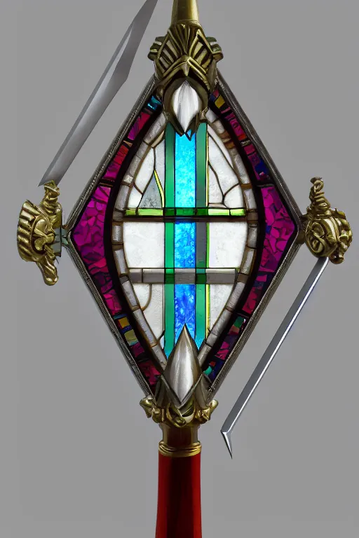 Prompt: greatsword, blade made of stained glass, centered, entire blade shown, digital painting, octane render, HD,