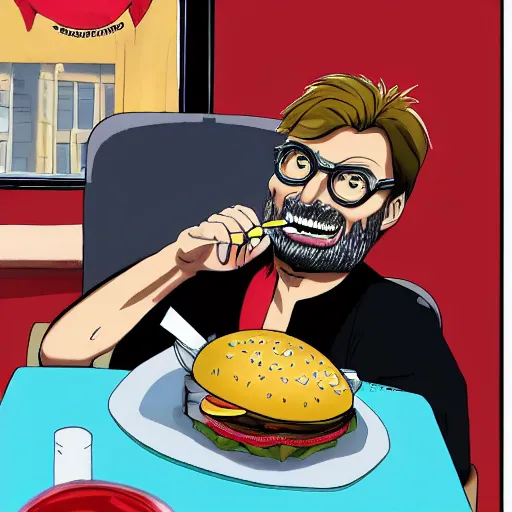 Image similar to jurgen klopp eating a hamburger, manga, anime