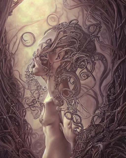 Prompt: centered beautiful detailed side view profile portrait of a insane old woman, ornate tentacles growing around, ornamentation, thorns, vines, tentacles, elegant, beautifully soft lit, full frame, by wayne barlowe, peter mohrbacher, kelly mckernan, h r giger