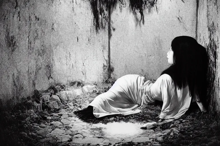 Image similar to vintage photo of a woman with long black hair wearing long white clothes crawling out of a well, eerie, japanese horror, highly detailed shot, dramatic 8 k uhd