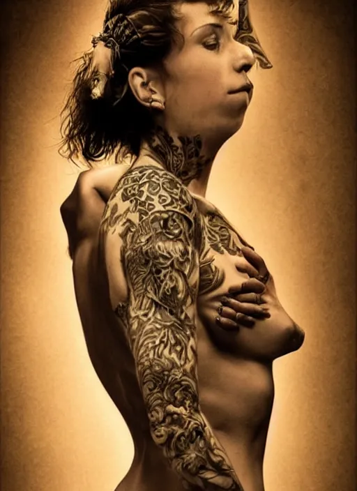 Image similar to the girl with the dragon tattoo, intricate photo, elegant, wlop, beautiful body, by joseph christian leyendecker