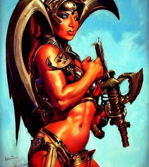 Image similar to portrait of strong iranian female chaos angel, beautiful! coherent! by frank frazetta, by brom, strong line, vivid neon color, shining metal power armor, iron helm, high contrast, maximalist