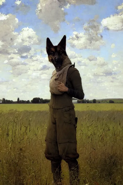 Image similar to farm life portrait of furry anthro anthropomorphic german shepard head animal person fursona wearing clothes on the field in ohio, sunny day, digital art by Nerdrum John, William Waterhouse, Winslow Homer, Alex Heywood, Jordan Grimmer, Darren Quach, Greg Rutkowski, Simon Stalenhag, trending on Artstation, CGSociety