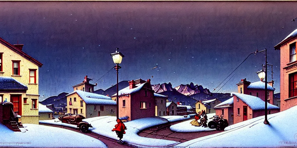 Image similar to in the style of norman rockwell, gerald brom, caravaggio, beautiful small town, houses and buildings, 1 9 5 0 s, evening, lighting in windows, winter, mountains in the distance