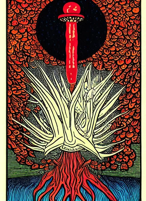 Image similar to tarot card designed by charles burns, painted with oil paint, depicting a drawing of amanita muscaria mushroom, high priest, ritual, dmt space, intricate, ornate