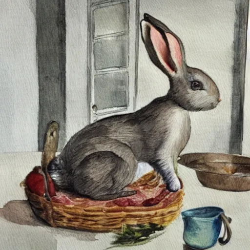 Image similar to a rabbit cooking in a french kitchen, watercolour realism