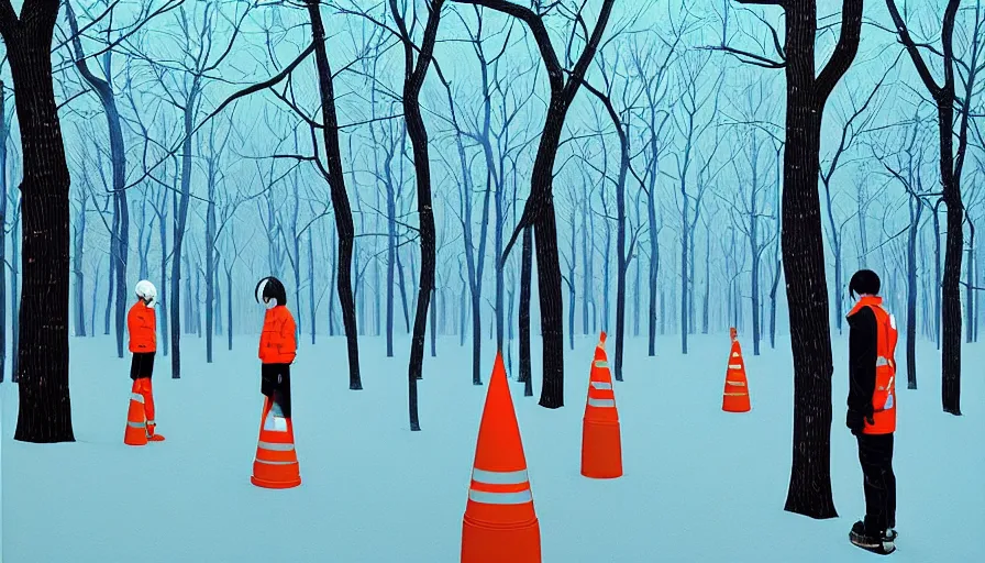 Image similar to safety cones scattered around an oak tree forest in winter, by james jean by ilya kuvshinov kintsugi, hyper detailed surrealist painting