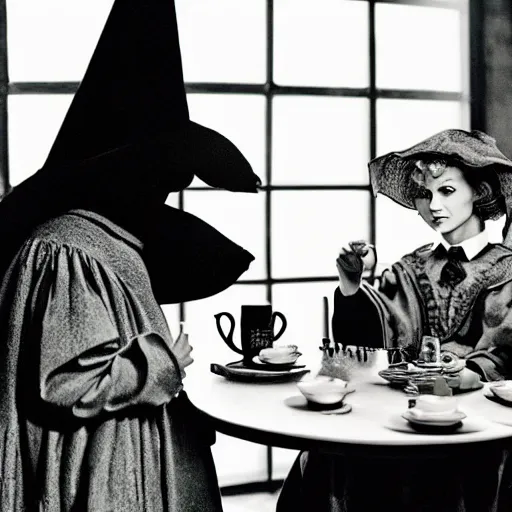 Prompt: ' the wicked witch having tea with harry potter, phorograph by annie leibovitz'