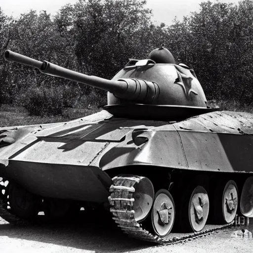 Prompt: historical photograph of a soviet t - 3 4 - 8 5 tank, taken in 1 9 5 0, black and white, soldiers smiling