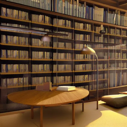 Prompt: still photo of a japanese library, highly detailed, photorealistic portrait, bright studio setting, studio lighting, crisp quality and light reflections, unreal engine 5 quality render