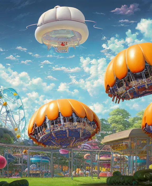 Image similar to a puffy inflated amusement park made out of fat seamless alien isopods, in the style of an aerodynamic obese robot, overgrown with thick orchids, partly cloudy, somber, dramatic lighting, by dan mumford, yusuke murata, makoto shinkai, ross tran, cinematic, unreal engine, cel shaded, featured on artstation, pixiv